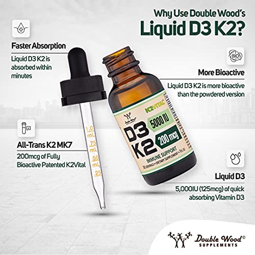 Vitamin D3 K2 5,000 IU Liquid Drops (5,000 IU of D3 and 200mcg of 99.9% All-Trans Double Wood Supplements