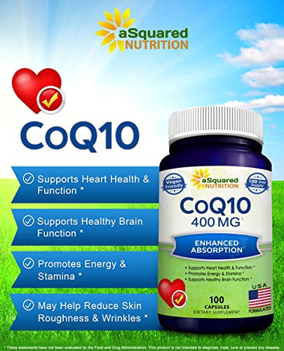 aSquared Nutrition CoQ10 (400mg Max Strength, 100 Veggie Capsules) - High Absorption aSquared Nutrition