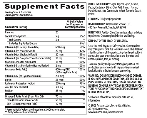 Amazon Basics Prenatal & DHA Gummy, Rasberry & Lemon Flavor, 90 Count