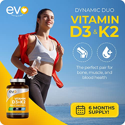 Vitamin D3 4000iu & Vitamin K2 100ug (MK7) |180 Vegetarian Tablets | 1-A-Day | 6 Month EVO NUTRITION