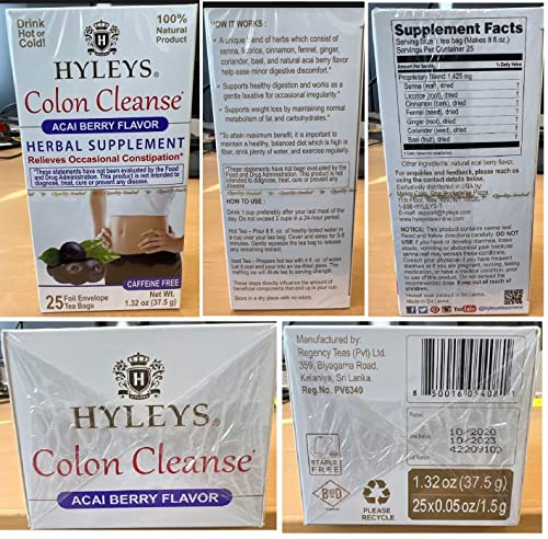 Hyleys Colon Cleanse Tea Acai Berry Flavor - 25 Tea Bags (12 Pack - 300 Tea Bags Total)