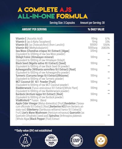 AJS Sea Moss Capsules 3200Mg, Shilajit 1000Mg with Black Seed Oil, Ashwagandha AJS Nutrition