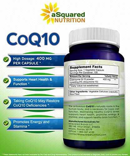 aSquared Nutrition CoQ10 (400mg Max Strength, 100 Veggie Capsules) - High Absorption aSquared Nutrition