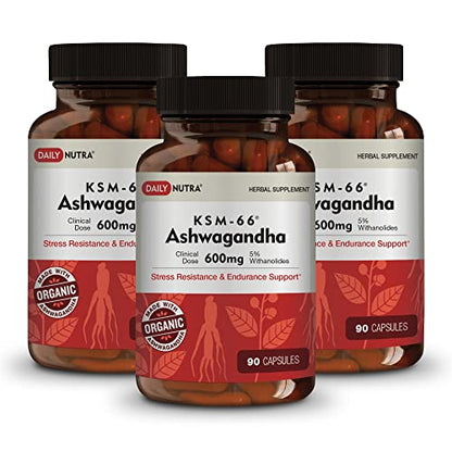 DailyNutra KSM-66 Ashwagandha 600mg Organic Root Extract - High Potency Supplement 