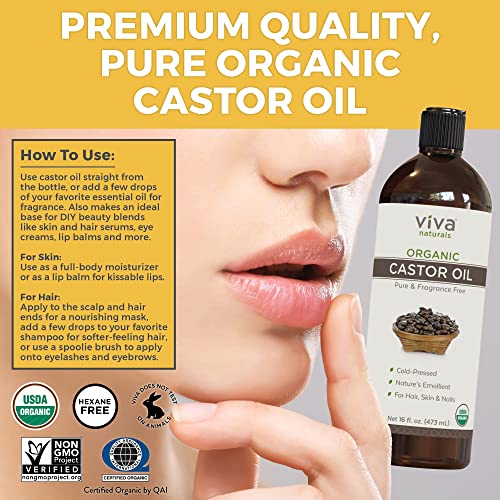 Viva Naturals Organic Castor Oil, 16 fl oz - Cold Pressed Castor Oil for Skin, Hair and Lashes - Traditionally Viva Naturals
