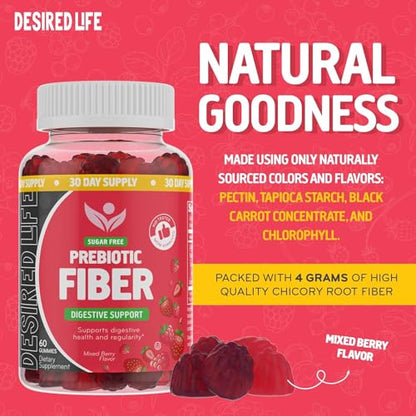 Desired Life Sugar Free Prebiotic Fiber Gummies for Adults and Kids Mixed Berry Flavor Desired Life