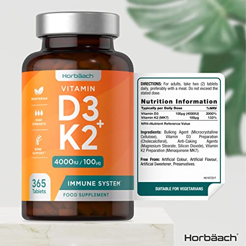 Vitamin D3 K2 High Strength Tablets | 365 Count | Vitamin D3 4000iu and Vitamin K2 MK7 Horbäach