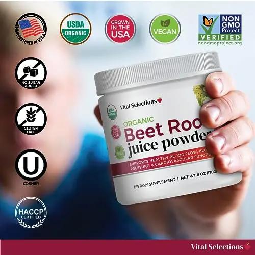 Vital Selections 100% Organic Beet Root Juice Powder, Highest Purity and Potency, USA Grown, Superior Beet Drying Technology, Maximum Nitric Oxide Boost for Cardio Support and Athletic Performance