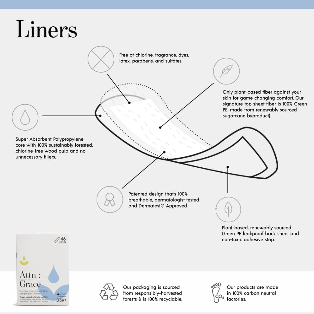 Attn: Grace Panty Liners for Women - 46 Liners – for Light Urinary Incontinence, Bladder Leakage ATTN : GRACE