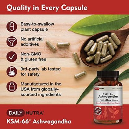 DailyNutra KSM-66 Ashwagandha 600mg Organic Root Extract - High Potency Supplement DailyNutra