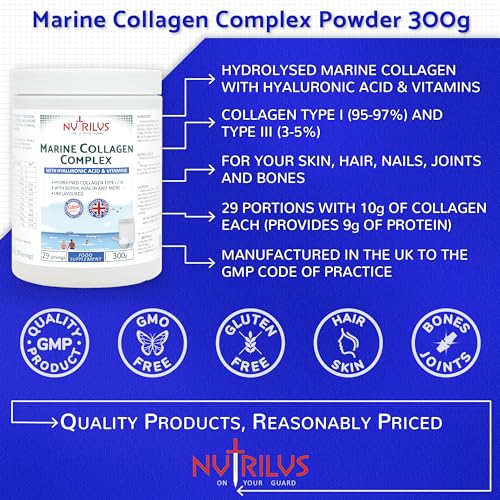 Hydrolysed Marine Collagen Powder 300g with Hyaluronic Acid and Vitamins - 29 Servings Nutrilus