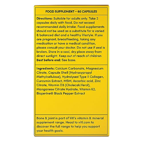 Vitl Bone & Joint Supplement - 60 Capsules - with Calcium, Manganese, Hydrolysed Type II Collagen & Turmeric - Maintenance for Joints, Bones VITL