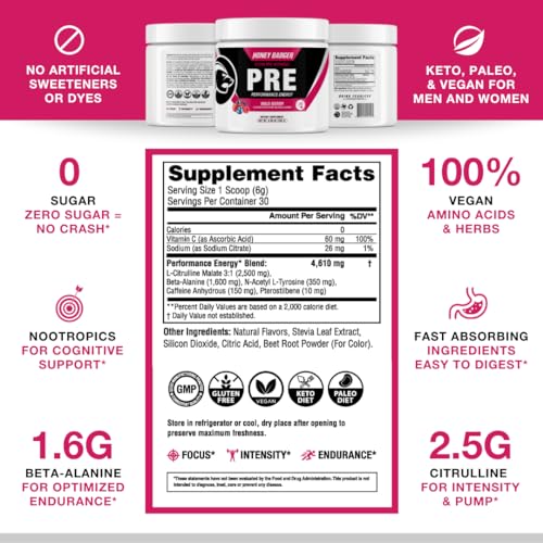 Honey Badger Pre Workout Powder, Keto Vegan Preworkout for Men & Women with Vitamin C Honey Badger