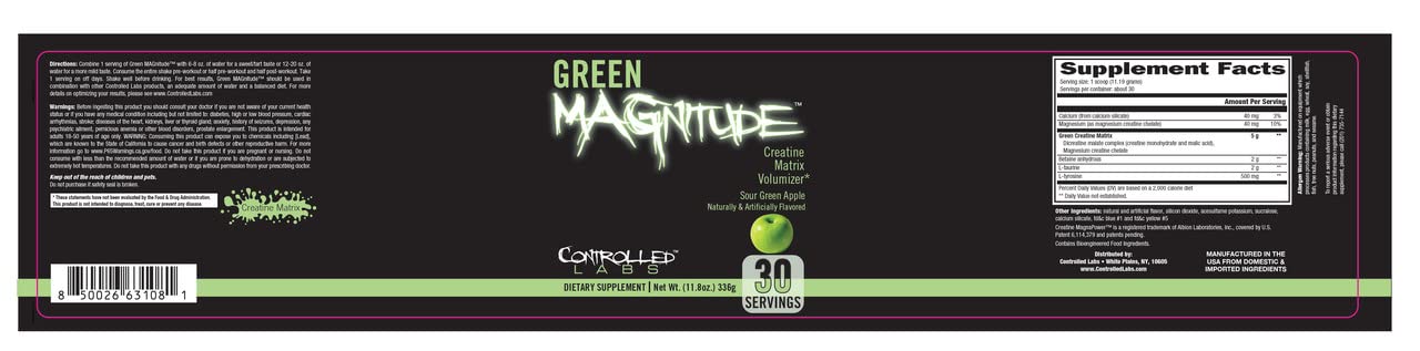 CONTROLLED LABS Green Magnitude Supplement, Synergistic Creatine Formula Powder, Promotes Strength, Stamina, and Performance, (Sour Green Apple, 30 Servings)