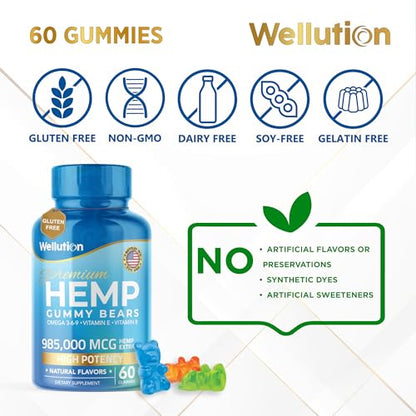 Wellution Hemp Gummies 985,000 High Potency - Fruity Gummy Bear with Hemp Oil Wellution