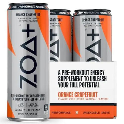 ZOA+ Pre-Workout Sugar Free Energy Drink, Orange Grapefruit - NSF Certified for Sport with Nitric Oxide Support, B & D Vitamins, Amino Acids, and Electrolytes - 12 Fl Oz (Pack of 48))