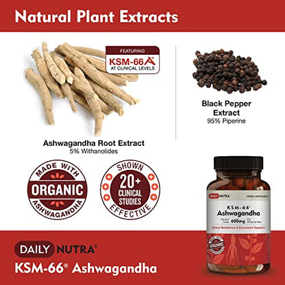 DailyNutra KSM-66 Ashwagandha 600mg Organic Root Extract - High Potency Supplement DailyNutra