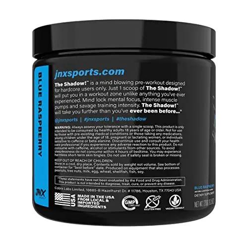 JNX SPORTS The Shadow! 350mg of Caffeine Hard Core Preworkout -Electric Energy, Mental Focus, Superhuman Strength, Men & Women - Blue Raspberry 30 Servings