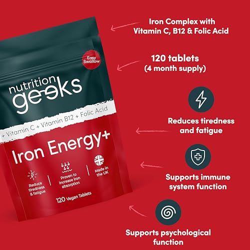 Iron Tablets High Strength Tablets with Vitamin C, B12 & Folic Acid - 120 Vegan Supplement Nutrition Geeks