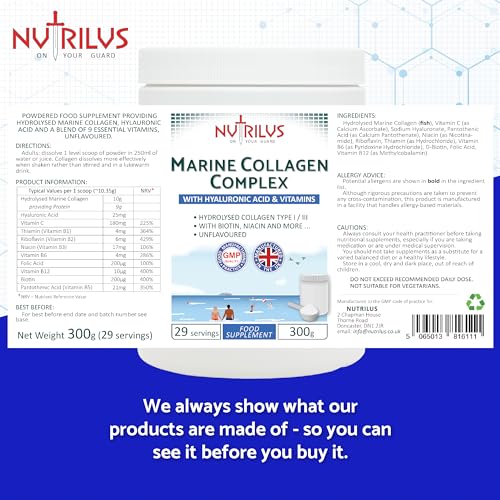 Hydrolysed Marine Collagen Powder 300g with Hyaluronic Acid and Vitamins - 29 Servings Nutrilus