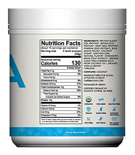 ALOHA Organic Plant Based Protein Powder, Stevia Free, Vanilla, 19.6 oz, 15 Servings ALOHA