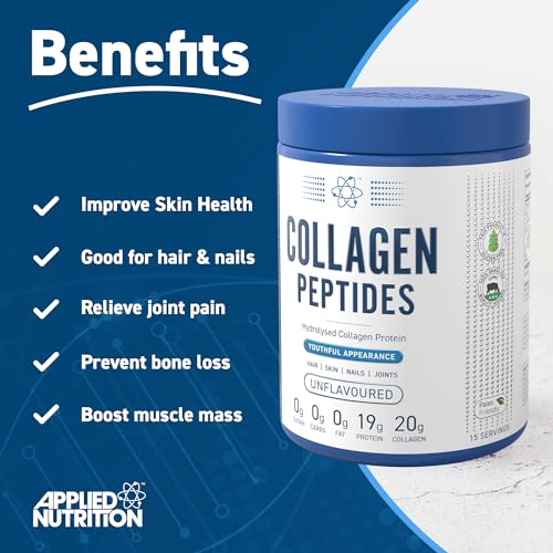 Applied Nutrition Collagen Peptides Powder - Hydrolysed Bovine Collagen Protein, Halal, Healthy Skin, Hair, Nails (Unflavoured) (300g - 15 Servings) Applied Nutrition