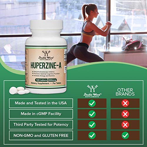 Huperzine A 200mcg (Third Party Tested) Manufactured in The USA, 120 Tablets, Brain Double Wood Supplements