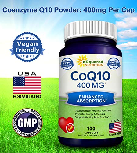aSquared Nutrition CoQ10 (400mg Max Strength, 100 Veggie Capsules) - High Absorption aSquared Nutrition