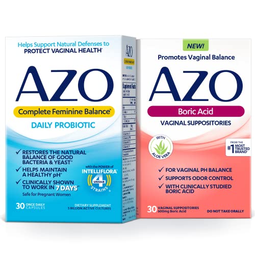 AZO Boric Acid Vaginal Suppositories (30 Count) + Complete Feminine Balance Daily Probiotics for Women AZO