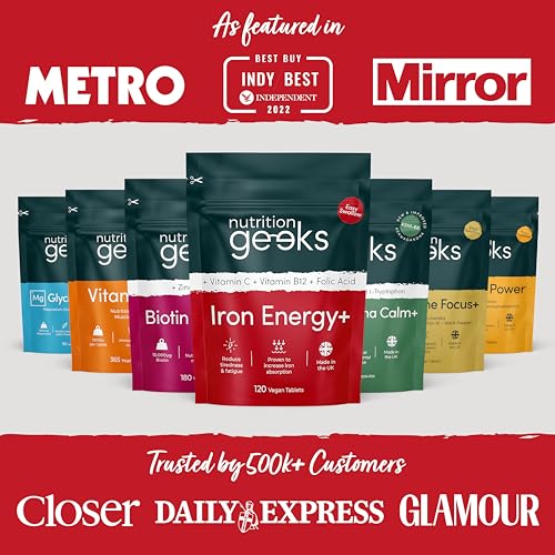 Iron Tablets High Strength Tablets with Vitamin C, B12 & Folic Acid - 120 Vegan Supplement Nutrition Geeks