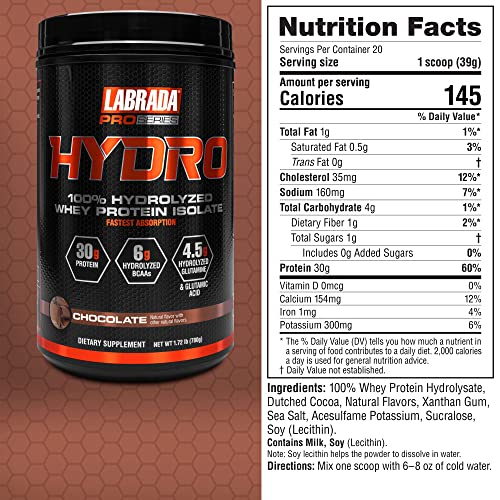 Labrada Hydro 100% Pure Hydrolyzed Whey Protein Isolate Powder, Lactose Free Labrada