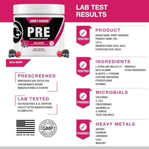 Honey Badger Pre Workout Powder, Keto Vegan Preworkout for Men & Women with Vitamin C Honey Badger