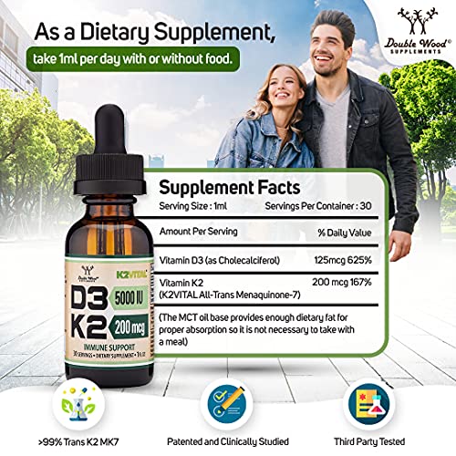 Vitamin D3 K2 5,000 IU Liquid Drops (5,000 IU of D3 and 200mcg of 99.9% All-Trans Double Wood Supplements