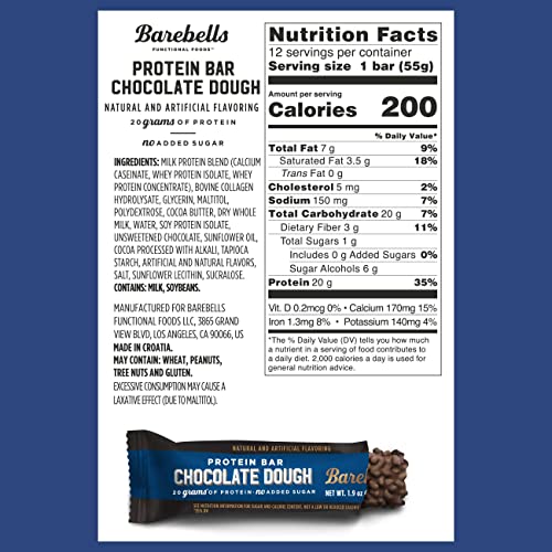 Barebells Protein Bars Chocolate Dough with 1g of Total Sugars - 12 Count, 1.9oz Bars BAREBELLS