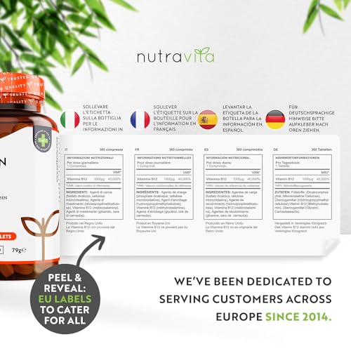 Vitamin B12 1000mcg - 365 High Strength Vegan Tablets (1 Year Supply) - Max Strength Nutravita