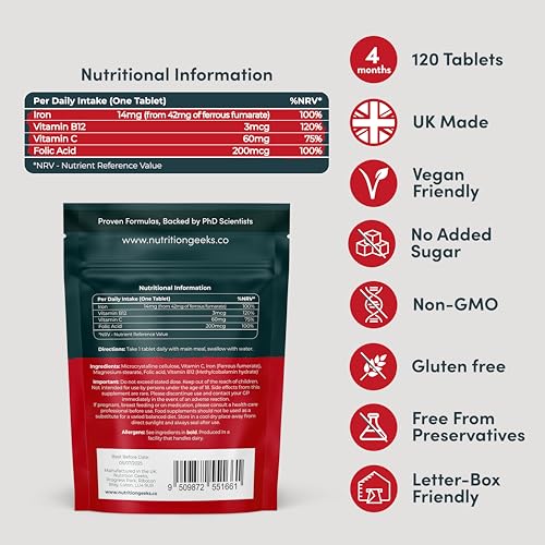 Iron Tablets High Strength Tablets with Vitamin C, B12 & Folic Acid - 120 Vegan Supplement Nutrition Geeks