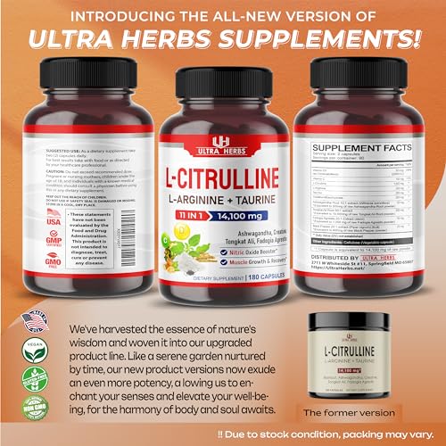 L-Citrulline 14,100 mg 11 in 1 with L-Arginine + Taurine, Ashwagandha, Creatine, Tongkat Ali ULTRA HERBS