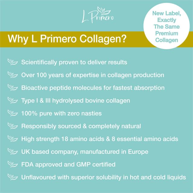 L Primero Collagen Peptides Powder 400g, Hydrolysed Unflavoured, Grass-Fed Bovine Bioactive Protein, Highly absorbable 18 Amino Acids, Keto L Primero