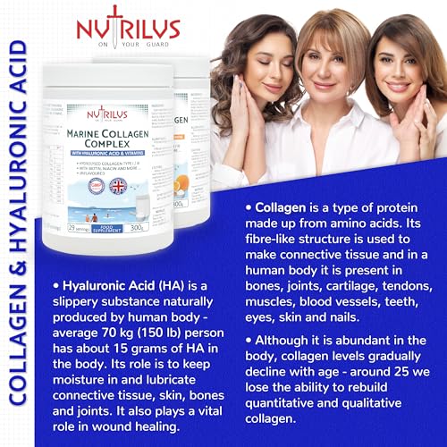 Hydrolysed Marine Collagen Powder 300g with Hyaluronic Acid and Vitamins - 29 Servings Nutrilus