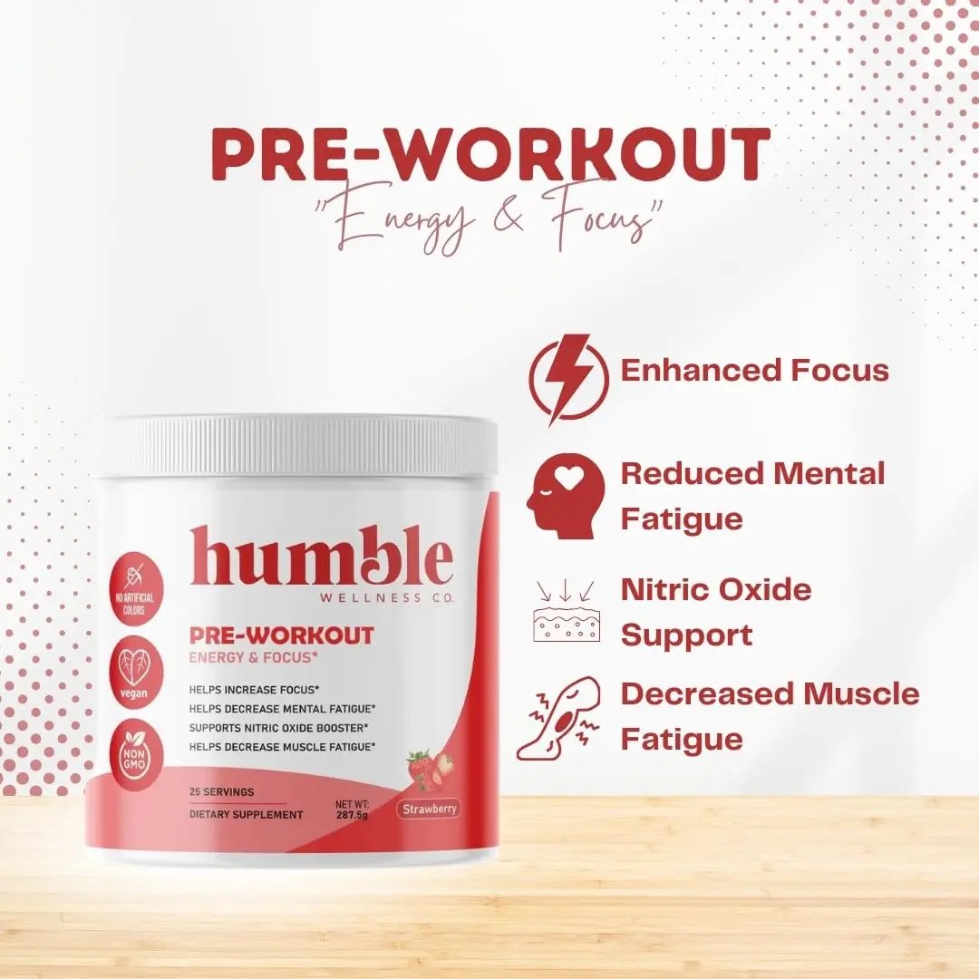 Humble Wellness Pre-Workout: Increase Focus, Decrease Mental Fatigue, Supports Nitric Oxide Booster, Decrease Muscle Fatigue, No Artificial Colors, Vegan, Non GMO, 25 Servings