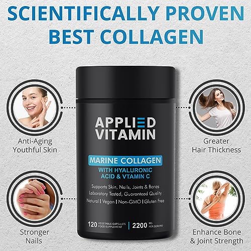 Applied vitamin Marine Collagen Capsules 2000mg-Enhance with Hyaluronic Acid, Zinc, Vitamin C & Biotin 120 Applied Vitamin
