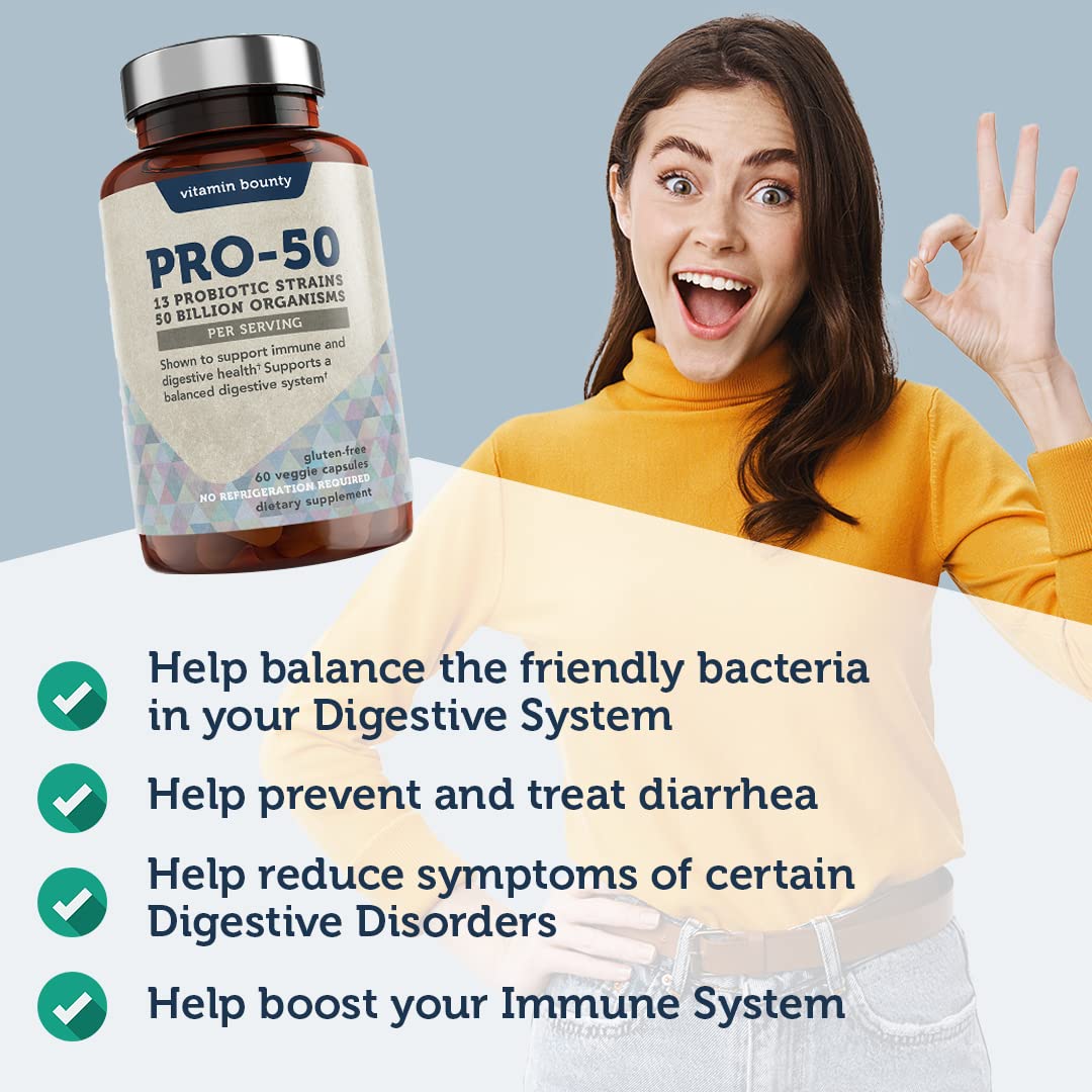 Vitamin Bounty Pro-50 Probiotics Supplement- 13 Probiotic Strains, Gut Health Vitamin Bounty