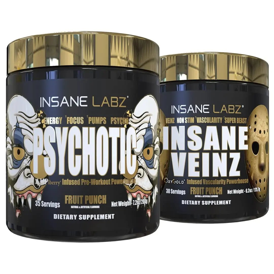 Insane Labz Psychotic Gold and Insane Veinz Gold Pre Workout Nitric Oxide Booster Stack
