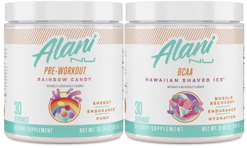 Alani Nu Rainbow Candy Pre Workout and BCAA Hawaiian Shaved Ice Post Workout Powder