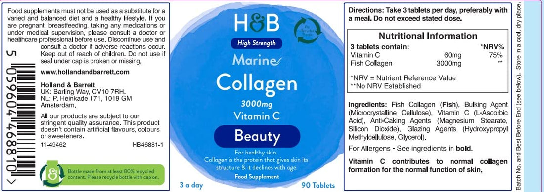 Holland and Barrett Marine Collagen with Vitamin C 3000mg 90 Tablets