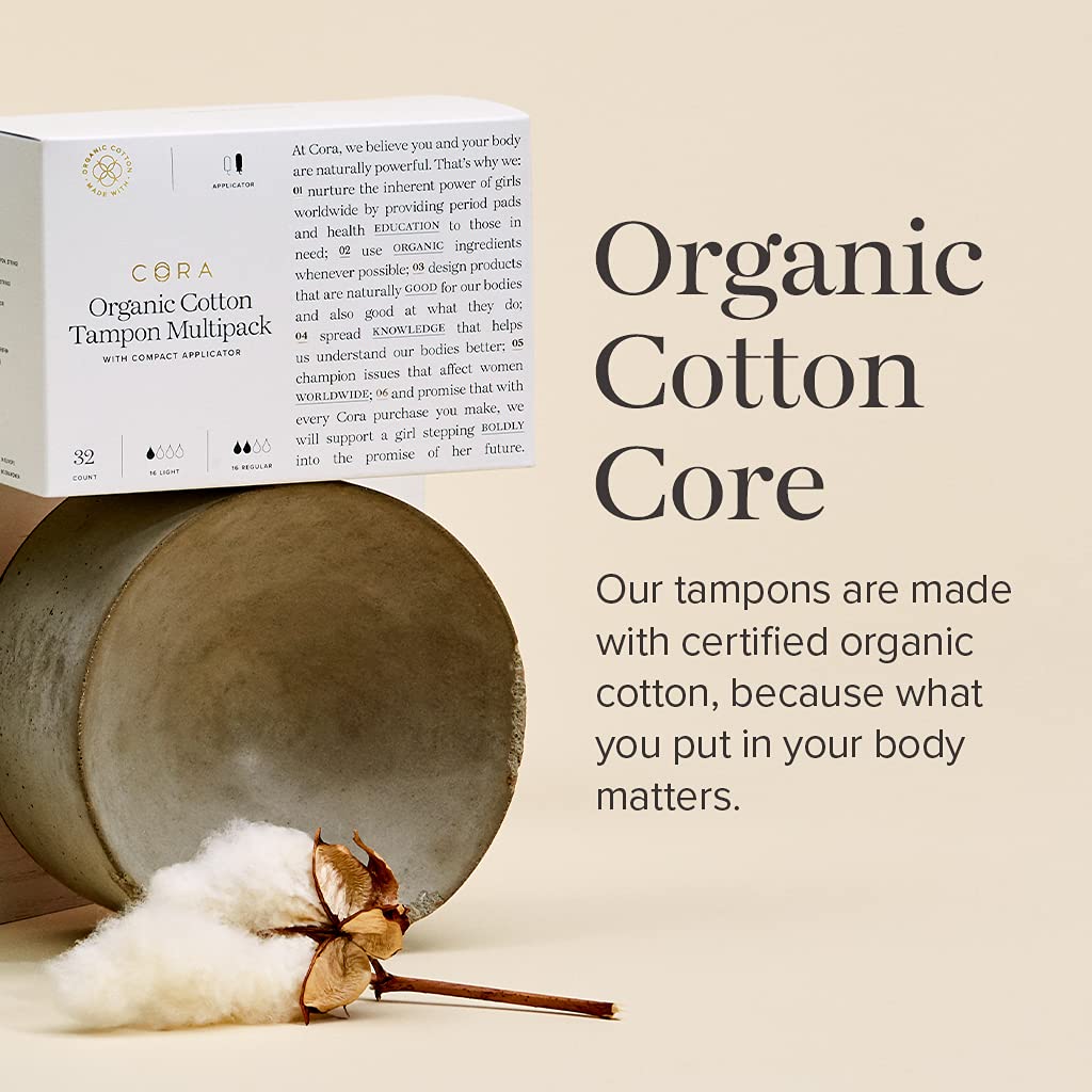 Cora Organic Applicator Tampons | Light Absorbency | 100% Cotton Core, Unscented, BPA-Free Compact