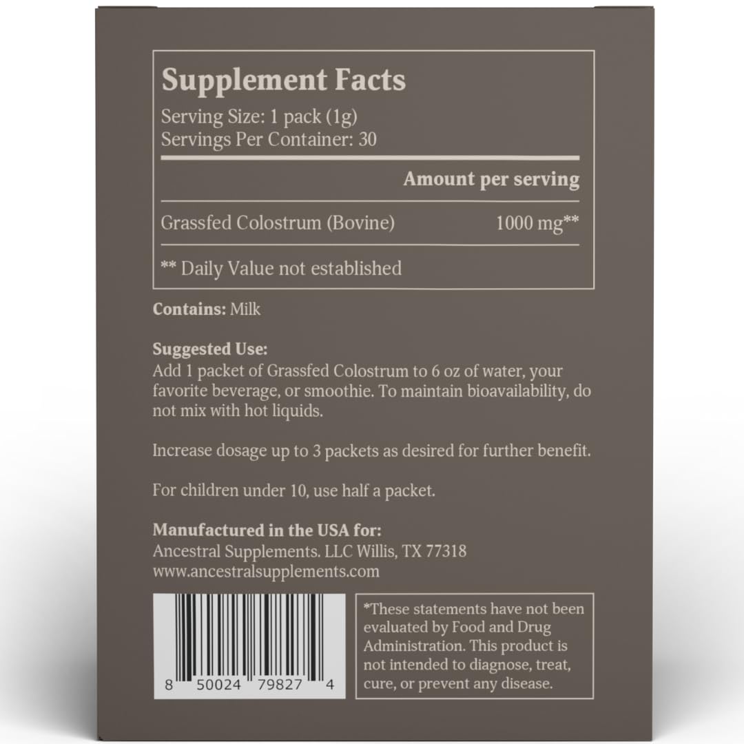 Ancestral Supplements Grass Fed Beef Bovine Colostrum Powder Packets, Immune Support Ancestral Supplements