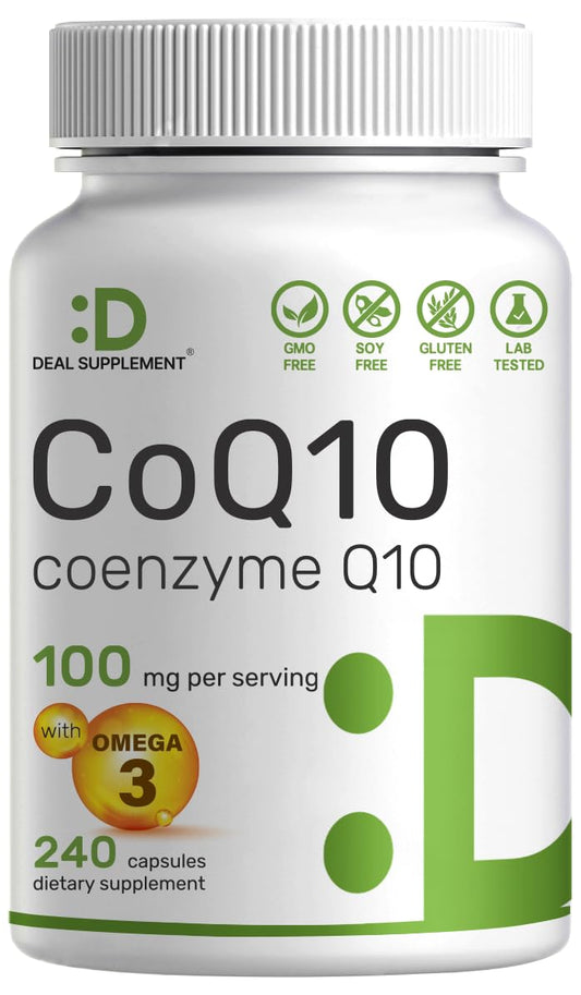 CoQ10 100mg, 240 Capsules – with Omega 3 Fatty Acid 100mg – Bioavailable Coenzyme
