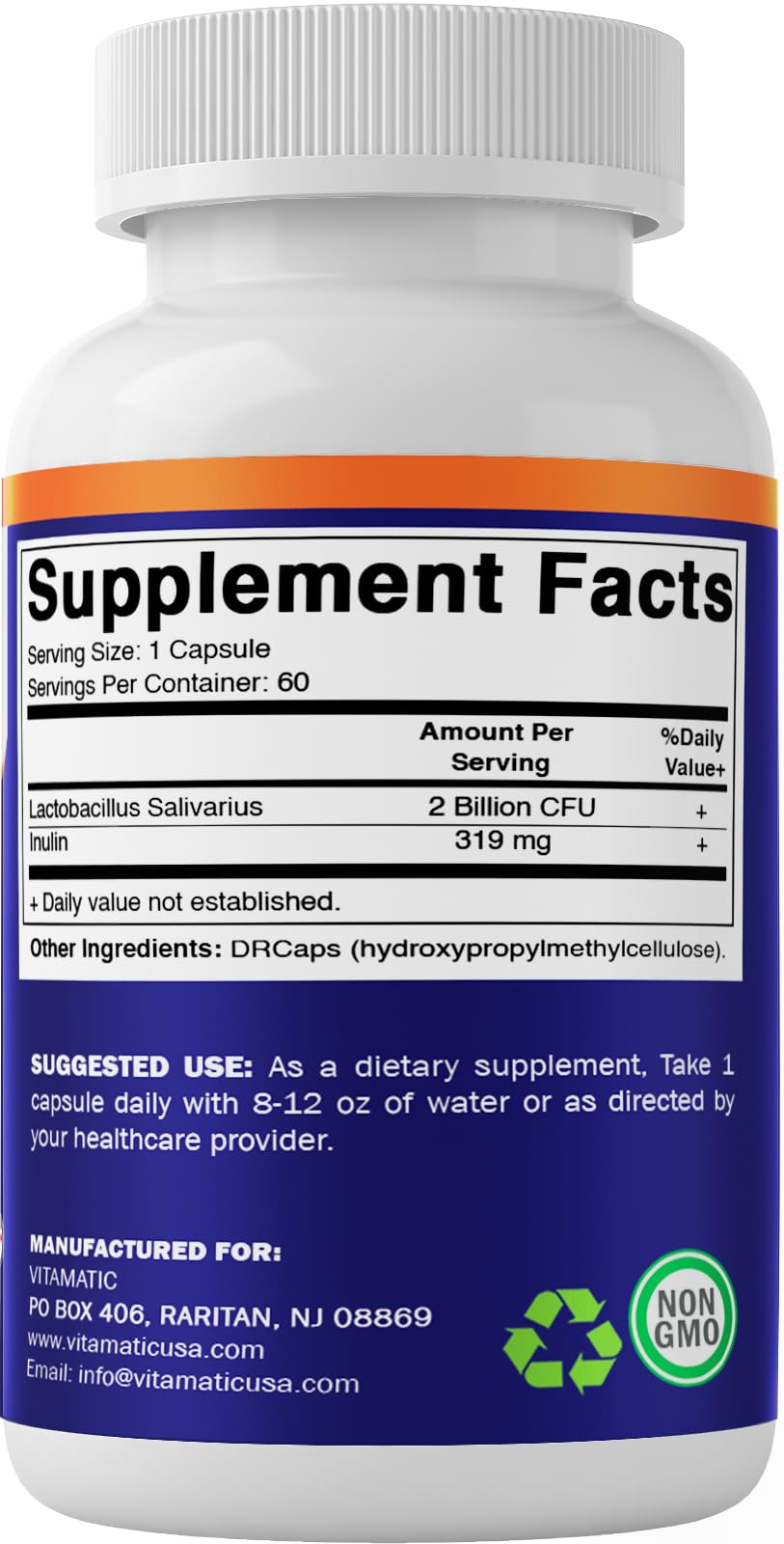 Vitamatic Lactobacillus Salivarius 2 Billion per DR Capsule - 60 Count - Digestive Support Vitamatic