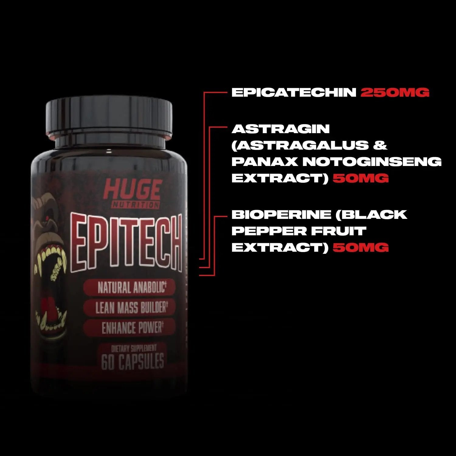 Huge Supplements, Epitech, Epicatechin Supplement, Increase Muscle Mass, Enhance Muscle Recovery & Boost Nitric Oxide, Enhanced Absorption Formula (60 Capsules)